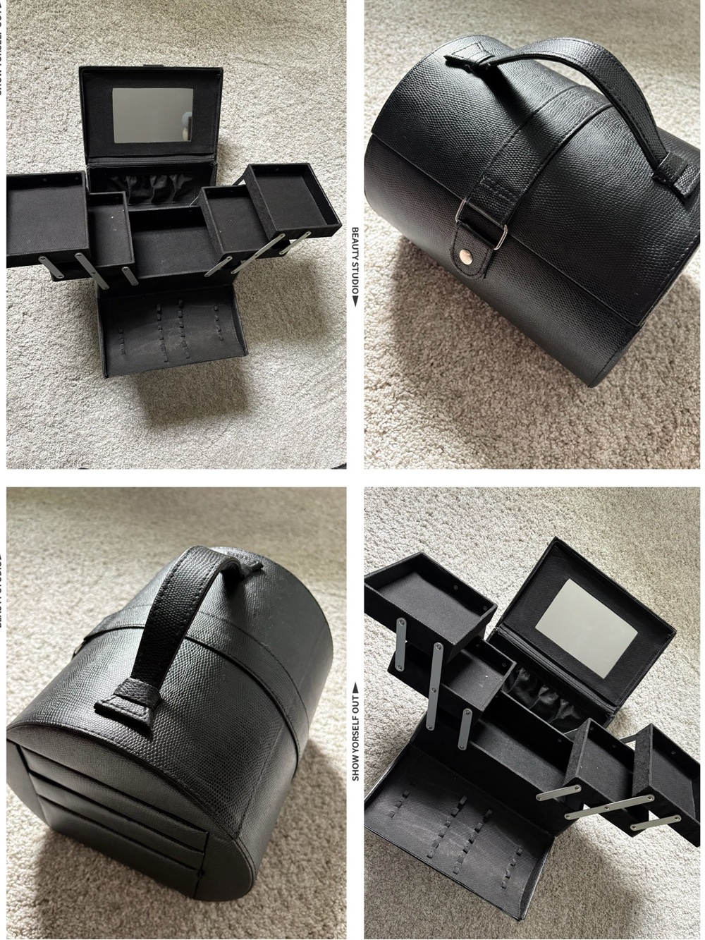 Black Leatherette Travel Jewelry Beauty Makeup Cosmetic Box Storage Train Case
